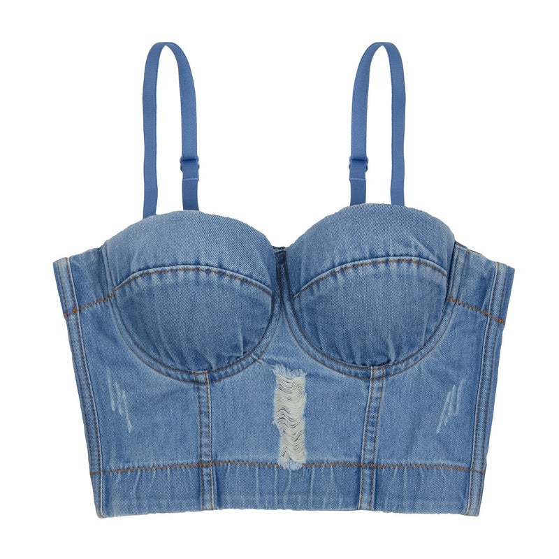 ELLACCI Women's Destructed Denim Bustier Crop Top Jeans Corset Top Small - Image 3